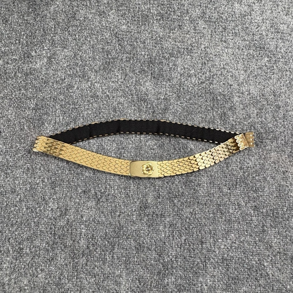 VTG 70s Stretch Belt Gold Tone Flower Buckle Plates 29-40" Retro Boho Glam Disco